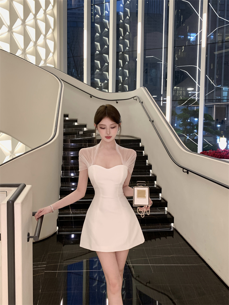 실사 프랑스식 작은 대중 디자인 망사 패치워크 허리 수축 한 마디 미니 스커트 부드러운 드레스