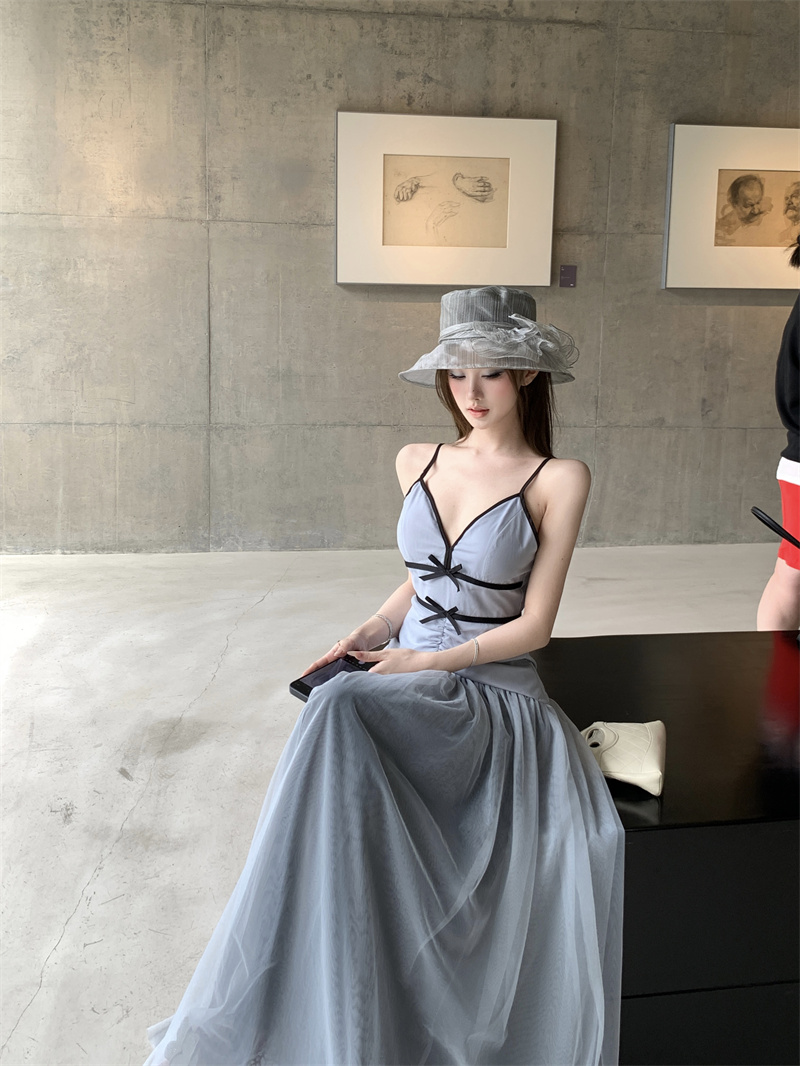 프랑스식 파란색 망사 V넥 슬립 여성 드레스 해변가 휴가 생일 연회 라이센스 이브닝 드레스 길다 치마