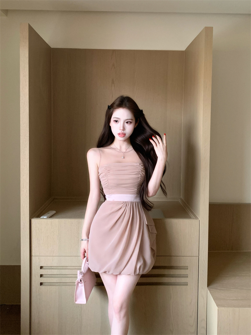 실사 생일 작은 행사 치마 천 골드 착용 가져 가라. 튜브탑 알몸의 핑크색 망사 주름 드레스 아이들 품격 미니 스커트