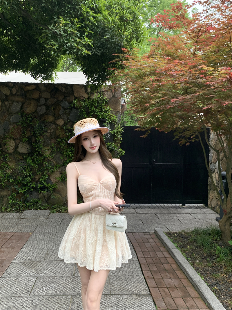 천 금빛 바람 비싼 가스 무거운 작업 새싹 리본 가슴 패드 거즈 스커트 슬립 한 마디 허리 수축 생일 데이트 여행 드레스