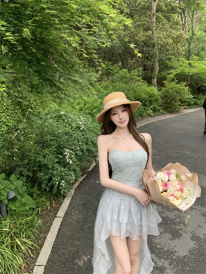 여름 레이스 스팽글 망사 요정 가스 허리 수축 순수한 욕망 휴가 데이트 생일 슬립 퍼프 작은 드레스 드레스