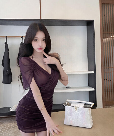 실사 순수한 욕망 바람 섹시함 V넥 주름 숄 타이트 스커트 드레스 허리 수축 몸매 가꾸기 슬림해 보이는 롱 스커트