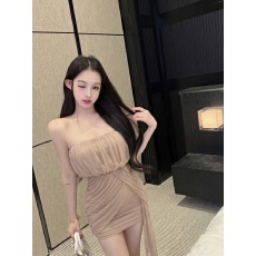 实拍~ 抹胸网纱飘带包臀短裙 纯欲褶皱裹身连衣裙