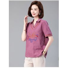 批发妈妈夏装短袖T恤女宽松V领刺绣棉麻<b class='q'>中老年</b>洋气上衣