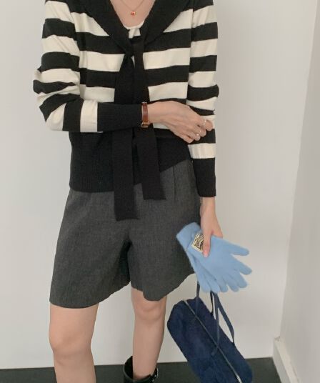 실사 한국 스타일 루즈핏 스트라이프 리본 느긋한 바람 출퇴근 해군 칼라 미니멀리즘 니트 스웨터 연령 감소 맨위
