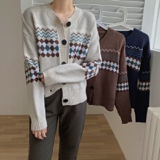 实拍 新款慵懒风时尚复古气质开衫长袖上衣针织衫女菱形提花毛衣