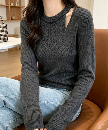 2026 가을 겨울 새로운 다용도 캐주얼 페이크 레이어드 행침 목 라운드 넥 여성 몸매 가꾸기 슬림해 보이는 스웨터 니트 스웨터 맨위