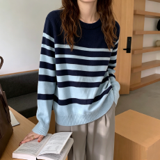 实拍撞色条纹针织衫毛衣女秋冬2026年新款圆领加厚保暖宽松打底衫
