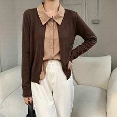 批发实拍假两件翻领长袖针织开衫女显瘦外套上衣百搭舒适洋气单排扣