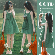 批发现  夏季新款绿色短裙子夏日森林田园风穿搭独特漂亮背心连衣裙