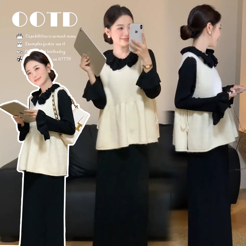 지금 가을 겨울 전체 집합 착용 가져 가라. 레트로 검정색 프릴 나팔 소매 니트 긴 소매 베스트 슬림해 보이는 세트