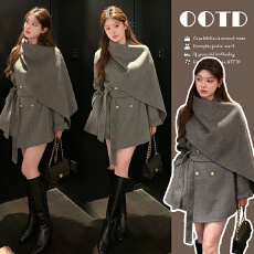 批发千金穿搭高级感披肩围巾斗篷呢子大衣温柔秋冬夹棉加厚毛呢外套