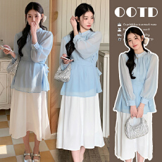 实拍现孕妇韩剧茶系穿搭春季新款微胖高级感御姐衬衫半身裙两件套