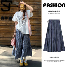 批发新款格子半身裙夏季<b class='q'>百搭</b>格子伞裙中长款慵懒格纹两边抽身蛋糕裙