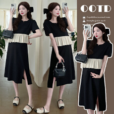 批发实拍現货法式高级感荷叶边撞色拼接假两件气质开叉<b class='q'>孕妇</b><b class='q'>连衣裙</b>