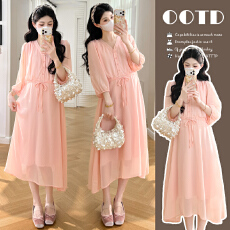 批发实拍現货高端<b class='q'>雪纺</b>闪闪撒银夏季新款粉色抽绳中长款连衣裙