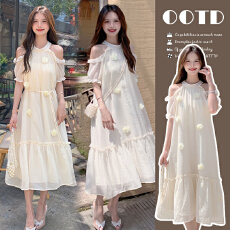 批发新款法式立领露肩连衣裙夏季显瘦温柔风中长款法式气质裙