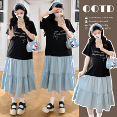 批发实拍 夏季新款宽松<b class='q'>连衣裙</b>撞色裙摆烫钻工艺短袖拼接假两件<b class='q'>连衣裙</b>