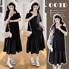 批发实拍 夏季新款简约宽松黑色T恤露肩<b class='q'>连衣裙</b>气质中长裙