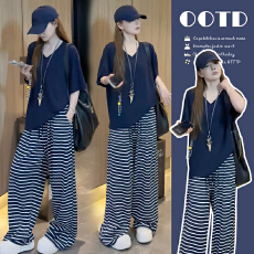 批发孕妇装韩系慵懒风休闲套装<b class='q'>夏季</b>宽松V领短袖上衣+条纹阔腿裤两件套