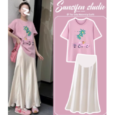 批发現货夏季新款韩版宽松趣味印花T恤上衣+缎面<b class='q'>伞</b><b class='q'>裙</b>潮妈休闲套装