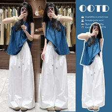 批发現货孕妇套装夏季新款宽松蓝色无袖背心上衣+阔腿<b class='q'>休闲</b>裤两件套