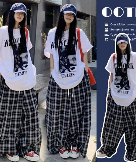선물 물품 출산 착용 순면 티셔츠 스포츠 슈트 여름 루즈핏 캐주얼 넓은 다리 체크무늬 바지 투피스 세트