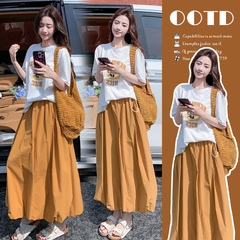 임산부 세트 여름 새로운 귀여운 순면 프린트 티셔츠 주황색 꽃밭 반신 스커트 투피스 세트