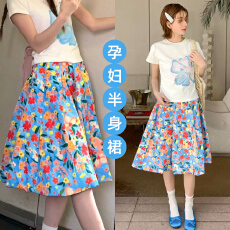 批发孕妇2026夏季新款满印花卉蓝色蓬蓬花苞裙<b class='q'>百搭</b>休闲半身裙