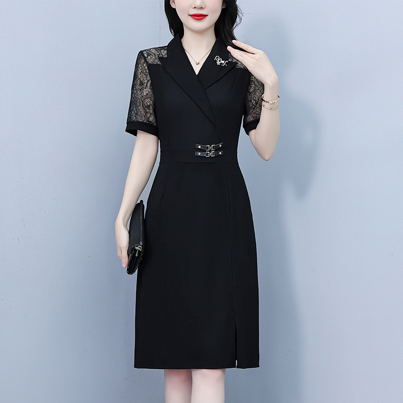 RY4067# 2026夏新款阔太太大码女装时尚气质减龄修身显瘦蕾丝拼接连衣裙