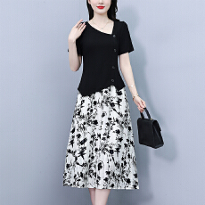 批发2026两件套修身显瘦大码女装胖mm时尚洋气短袖套装<b class='q'>裙子</b>夏季<b class='q'>妈妈</b>装