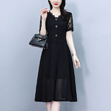 批发假两件套修身显瘦<b class='q'>大码</b><b class='q'>女</b>装胖mm时尚洋气短袖拼接蕾丝连衣裙妈妈<b class='q'>装</b>