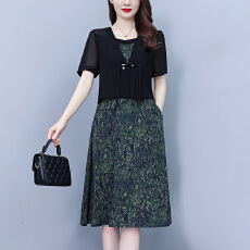 批发贵夫人裙子女夏天2025新款妈妈高端贵气轻奢时尚假两件遮肚<b class='q'>连衣裙</b>