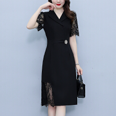 批发高级感短袖蕾丝拼接西装领连衣裙女夏季2025年新款女神范职业裙子