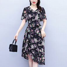 批发大码女装2026夏季新款阔太太气质优雅时尚显瘦碎花拼接连衣裙