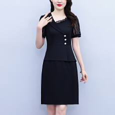 批发假两件套修身显瘦大码女装胖mm时尚洋气短袖<b class='q'>夏</b>季中年妈妈连衣裙
