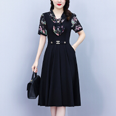 批发2026夏季新款胖mm西装领雪纺碎花拼接时尚遮肚中年妈妈气质连衣裙