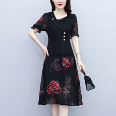 批发2026夏季新款胖mm西装领雪纺碎花拼接时尚遮肚中年妈妈气质连衣裙