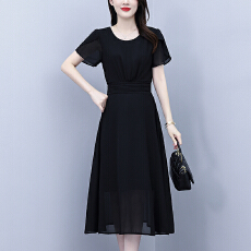 批发新款黑色圆领夏季短袖贵夫人妈妈遮肚修身显瘦气质<b class='q'>中</b>长款<b class='q'>连衣裙</b>