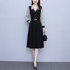 批发气质条纹拼接<b class='q'>长袖</b>修身显瘦大码女装胖mm春秋季新款阔太太连衣<b class='q'>裙</b>子