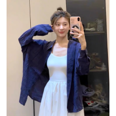 批发日系气质复古深蓝色纯棉格子<b class='q'>衬衫</b>女早秋2025新款冷淡系高级感上衣