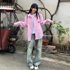 批发粉色条纹衬<b class='q'>衫</b>女春秋新款字母刺绣翻领长袖衬衣外套宽松<b class='q'>情侣</b><b class='q'>上衣</b>潮