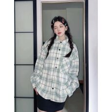 批发2025春季薄款森系清新绿色格子<b class='q'>衬衫</b>女<b class='q'>衬衣</b>外搭开衫宽松慵懒风上衣