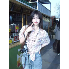 批发美式趣味小狗毛巾绣格子<b class='q'>短袖</b><b class='q'>衬衫</b>女夏季宽松休闲<b class='q'>衬衣</b>独特上衣
