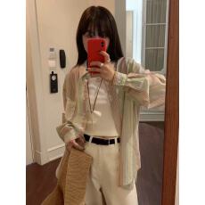 批发韩系慵懒风亚麻彩色条纹衬衫女春<b class='q'>夏</b>薄款外搭防晒衬衣开衫罩衫外套