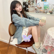 批发实价原版面料蓝色格子<b class='q'>衬衫</b>上衣女2025新款夏季薄款慵懒风休闲宽松