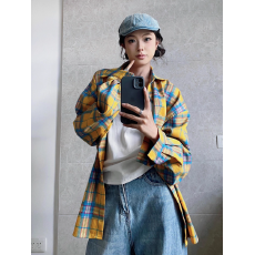 批发黄色格子长袖衬衫女外搭薄款宽松ins潮牌<b class='q'>通勤</b>复古小众防晒小外套