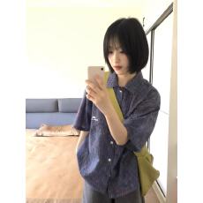 批发外穿<b class='q'>短袖</b><b class='q'>衬衫</b>女宽松百搭显瘦情侣<b class='q'>衬衣</b>蓝色格纹<b class='q'>男</b>友风格子上衣