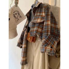 批发秋季设计感撞色复古格子<b class='q'>衬衫</b>百搭宽松300斤大码休闲显瘦减龄上衣