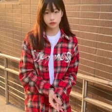 批发美式复古红色刺绣<b class='q'>格子衬衫</b>女潮牌长袖上衣hiphop高街秋季衬衣外套